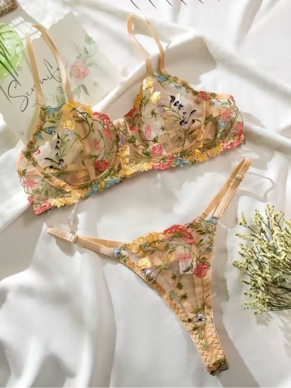 🌿 Nude Floral Embroidered Bra & Thong Set